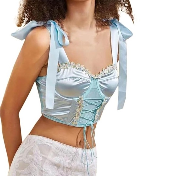 Light Blue Satin Lace-Up Crop Top with Ribbon Straps - Picture 2 of 9